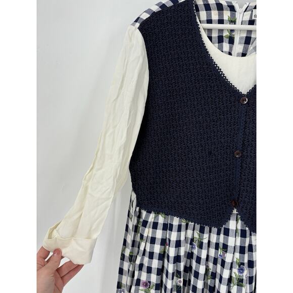 Allison Che Vintage Dress Womens 16 Blue White Check Print Maxi Vest Ruffles - Picture 4 of 16